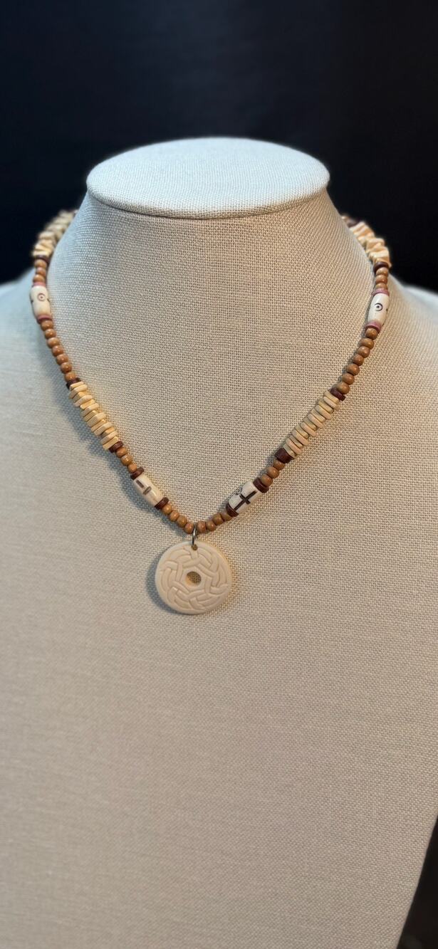 Carved Bone Disc Pendant Necklace with Wood & Bone Beads